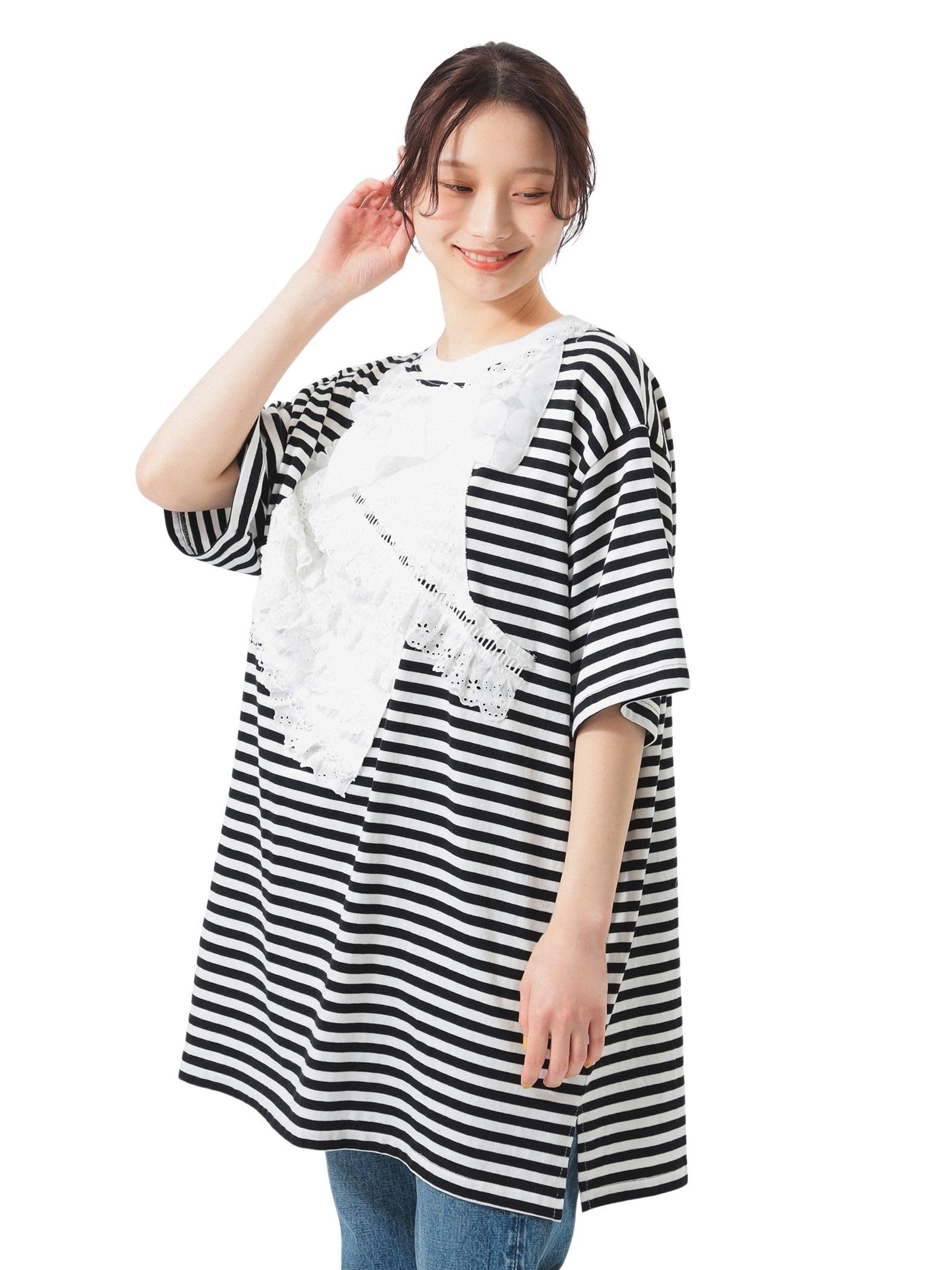 

Beams Boy S/S Tee [Special Order] TORI-TO Bias Frill Big T-Shirt, Women s, Black/White, One Size