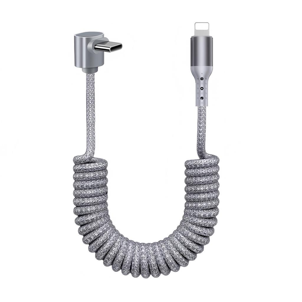 90 Degree Coiled USB-C Cable Stretchable Braided Fast Charging with Carplay for for iPhone 17 and Car Use