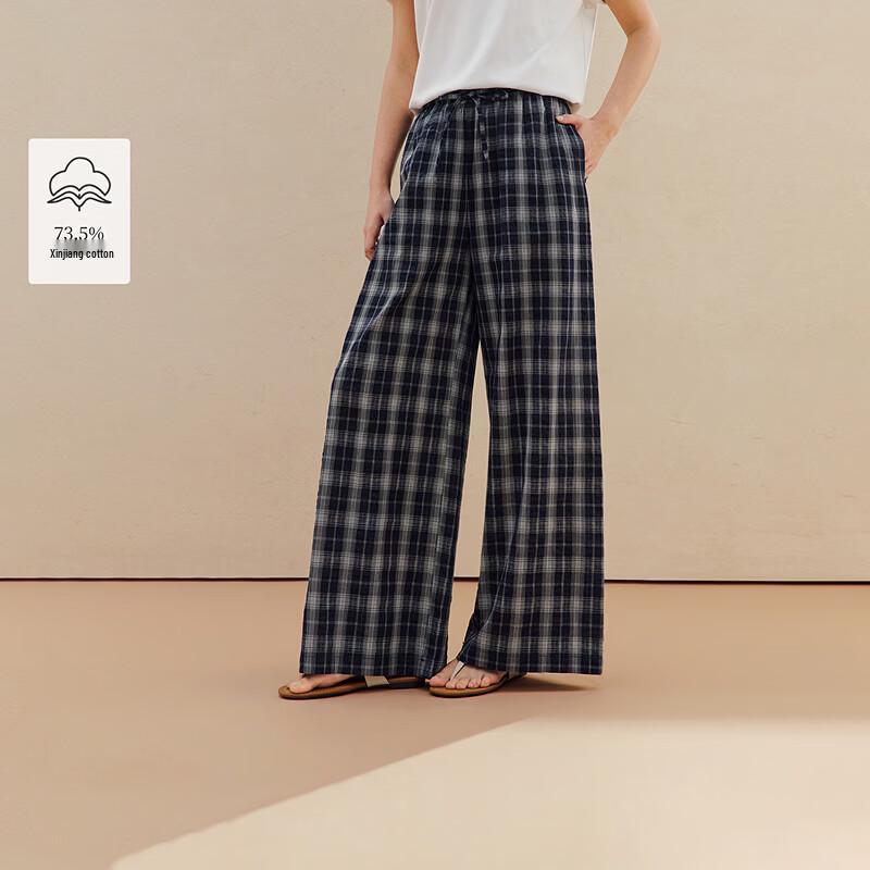 INMAN Women s Plaid Elastic Waist Drawstring Wide-Leg Pants M