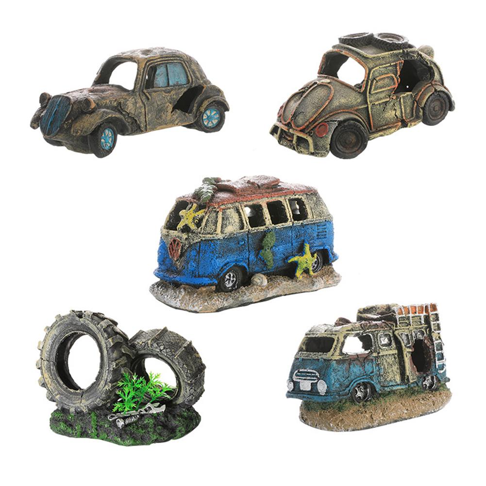 Résine Voiture Épave Aquarium Paysage Divers Styles Abri Polyvalent Poissons Crevettes Excellent Environnement de Reproduction Ornements d'Aquarium