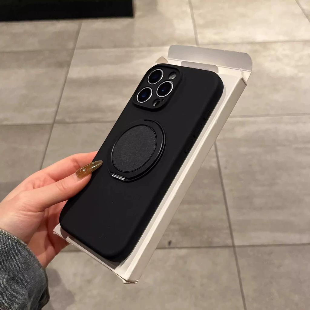 Suitable for Ip16pm Liquid Silicone Magnetic Rotating Stand, Apple 15pro Fine Hole Full Cover Solid Color 14p Protective Case