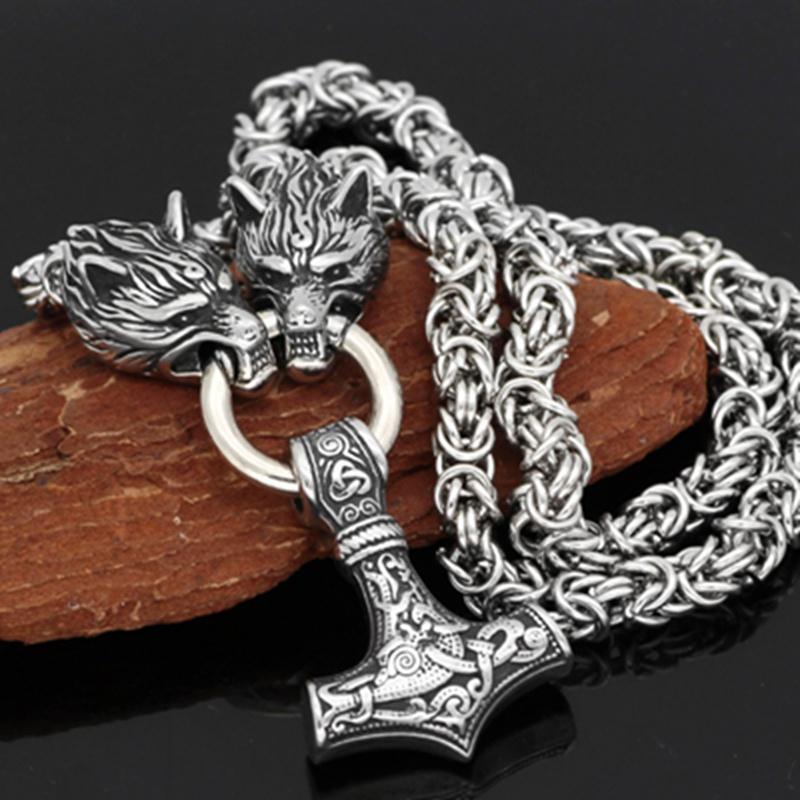 Nordic Herren 316L Edelstahl Wikinger Wolfskopf Stahlkette und Thors Hammer Mjolnir Anhänger Halskette Wikinger Herren Amulett Schmuck Geschenk