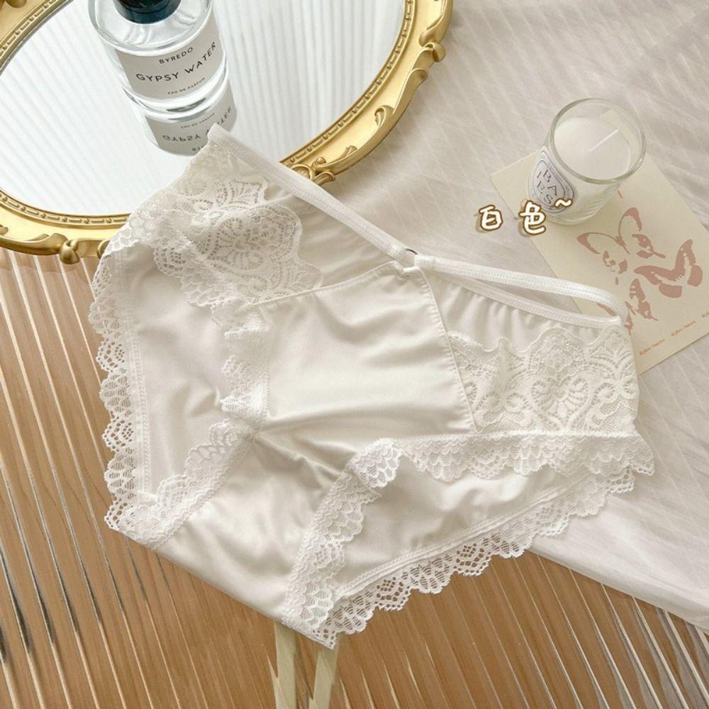 Hollow Ice Silk Thin Belt Panties Flower Satin Silk Lace Thong Women's Lace Mesh Briefs  Girls