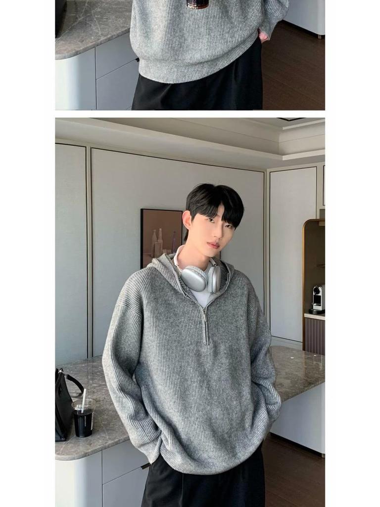 Men's Retro Half-Zip Loose Knitted Hoodie (Autumn/Winter Collection)