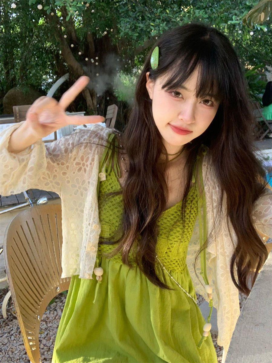 

Women s Sleeveless Fringe Camisole Dress with Avocado Green Luxury Cardigan - Summer Style Medium