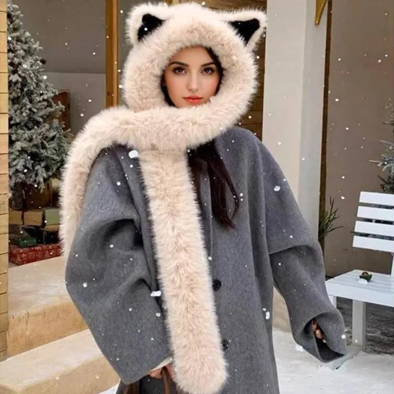 1PC Faux Fur Hats Exquisite Pointed Ear Shape Cute Plush Hat Versatile Accessories Comfortable Scarf Warmth 56-58cm