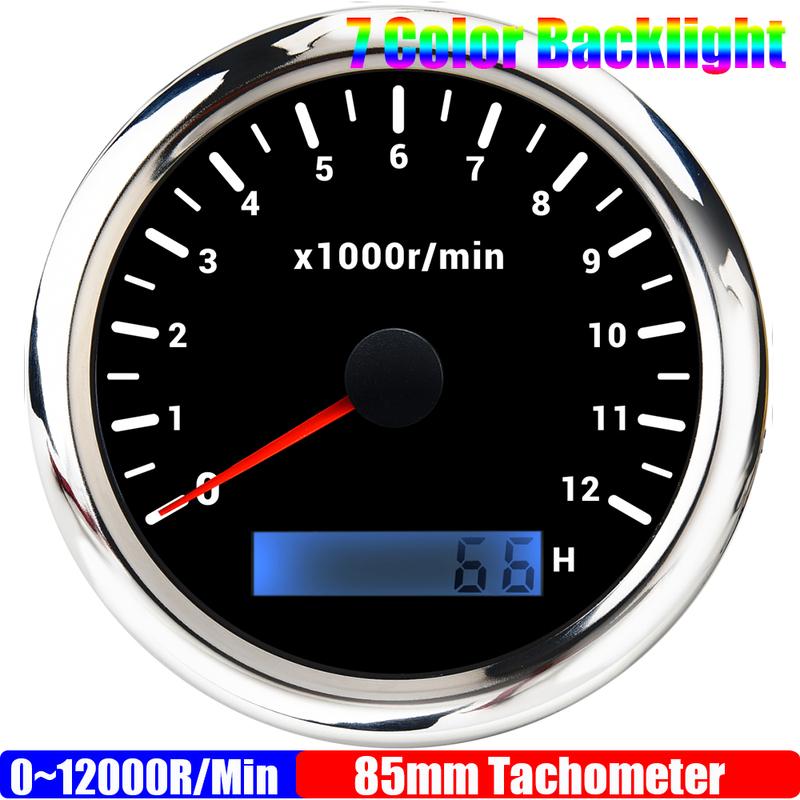 0~12000R/min,0~2000RPM 85mm Tachometer 7 Color Backlight Pointer Tacho Gauge Waterproof for Auto Car Boat Yacht RV 12V24V