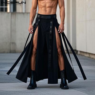 Saias Kilt Oscilantes Casuais Plissadas com Fenda e Borla Longa e Cintura Elástica Masculina