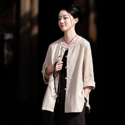 Women Vintage Shirts Tops Solid Color O-Neck Seven Sleeve Spring Button Women Chinese Style Blouses