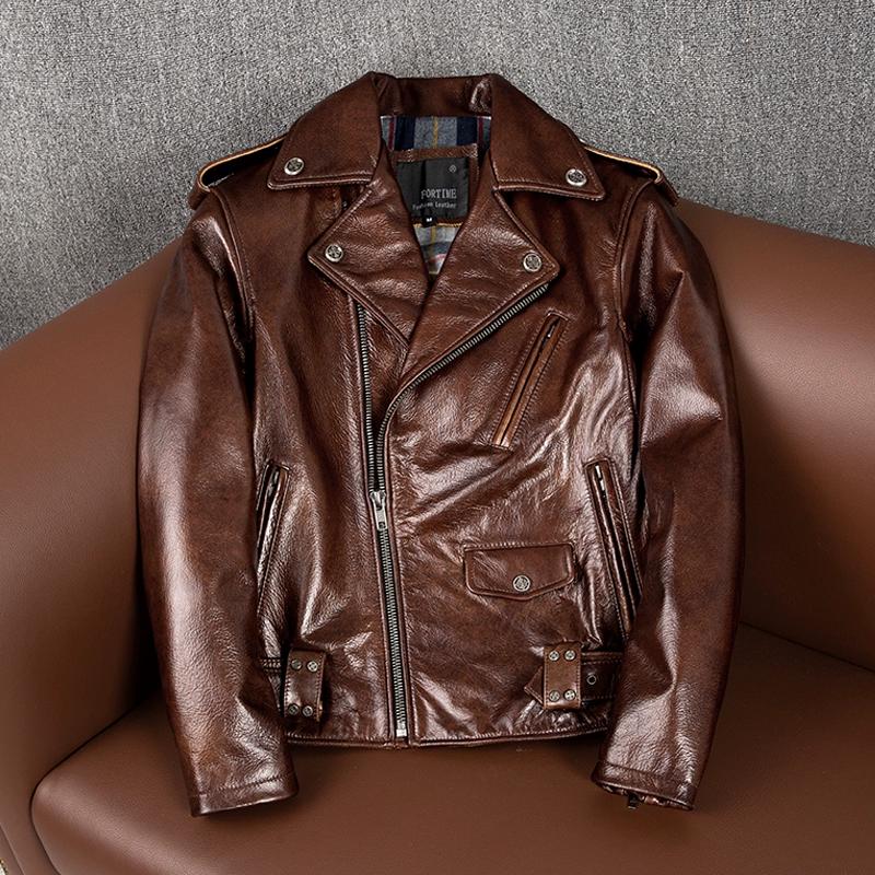 Pure Waxed Full Grain Leather Jacket Mens Heavy Motorcycle Biker Coat Fashion Large Size Outerwear