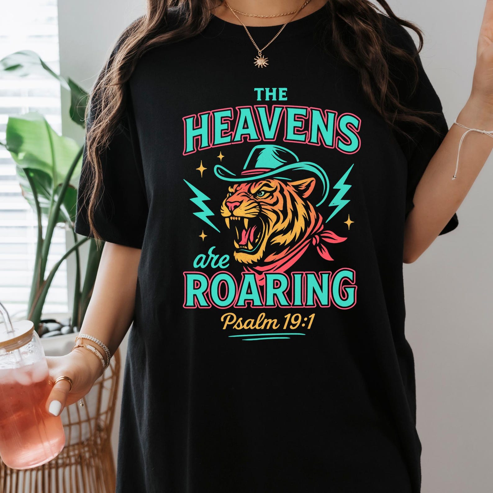 Cowboy Tiger Christian T-Shirt – Retro Neon Western Tee XL