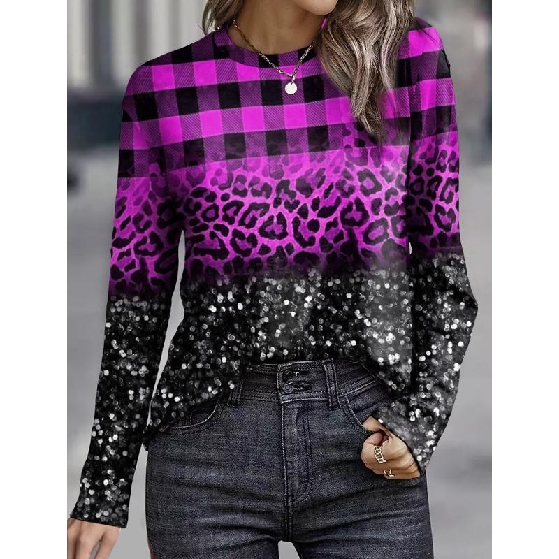

Топ с круглым вырезом, 3D клетчатым леопардовым принтом, с цветными блоками, с принтом, повседневный, с длинным рукавом, женские футболки - ткань средней эластичности, одежда для весны и осени 5XL