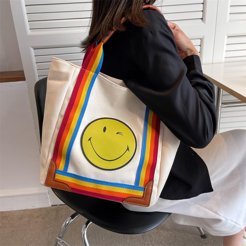 Large Capacity Canvas Tote Bag Cute Smiley Face Print Fresh And Sweet Style