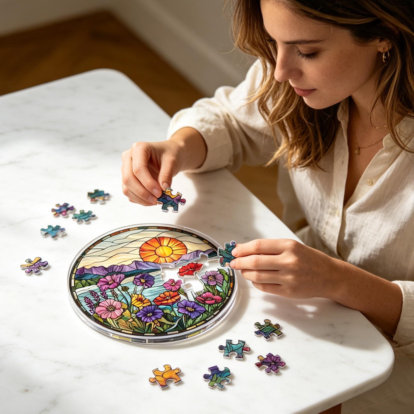 

Round Stained Glass Window Hanging Panel with Floral Design and Scenic Landscape Featuring Mountains and Sun for Decorative Display One Size