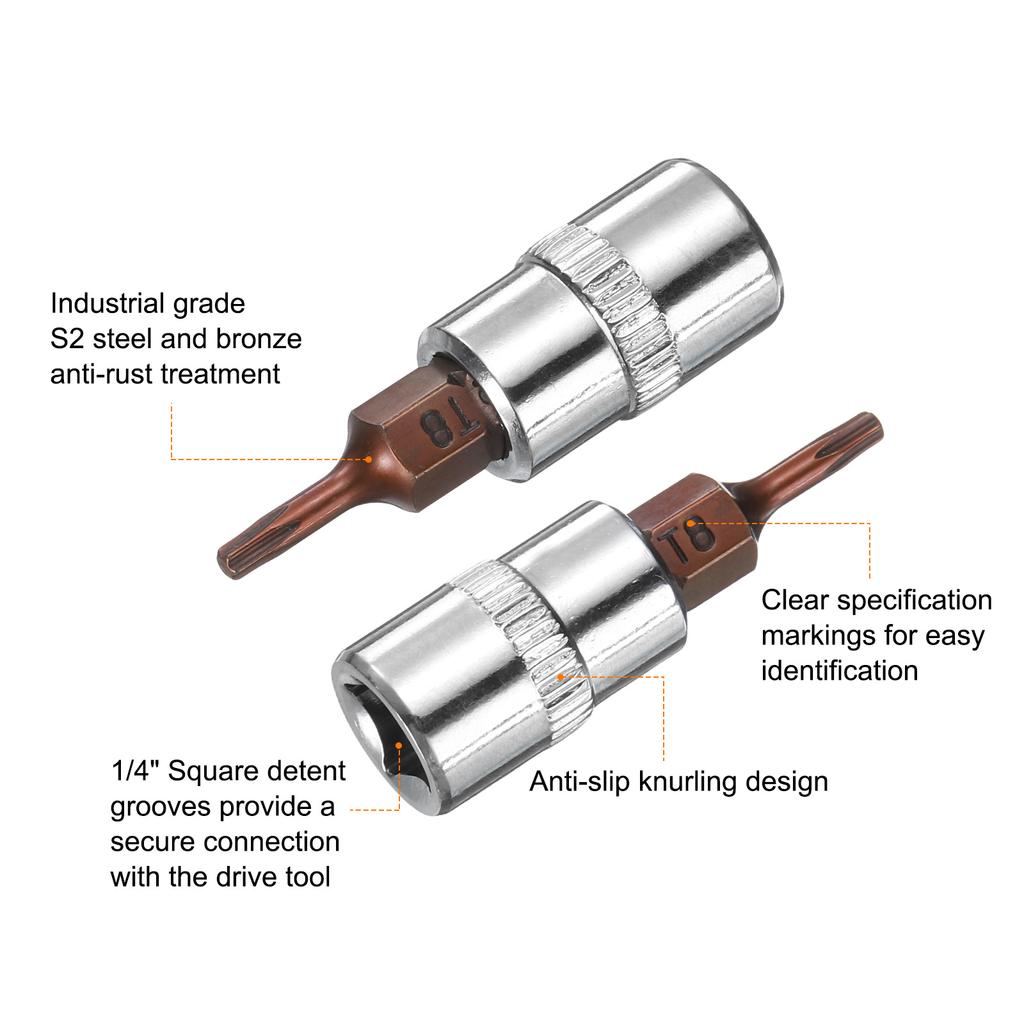 3/5pcs T8 T10 T15 T20 T25 T27 T30 T40 Torx Bit Socket 1/4" Square Drive Star 6 Point S2 & CR-V Steel Socket Ratchet Wrench Bits