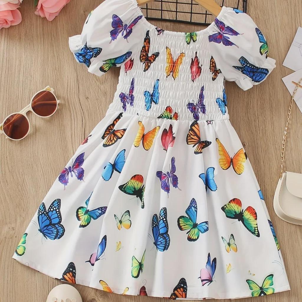 Girls' Summer Butterfly Print A-Line Dress