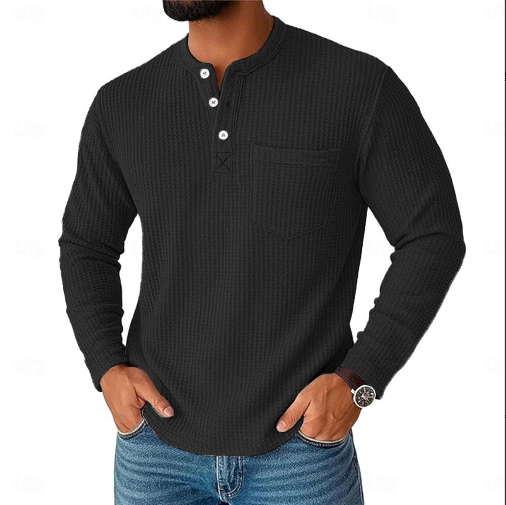 

Vintage Men s Henley Shirts Long Sleeve Buttoned Crew Neck T Shirt Spring Autumn Men Clothing Casual Solid Color Waffle T-shirt S чорний
