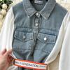 Women Denim Long Dress V-Neck Long Sleeve Patchwork Single Breasted Blouse Dresses