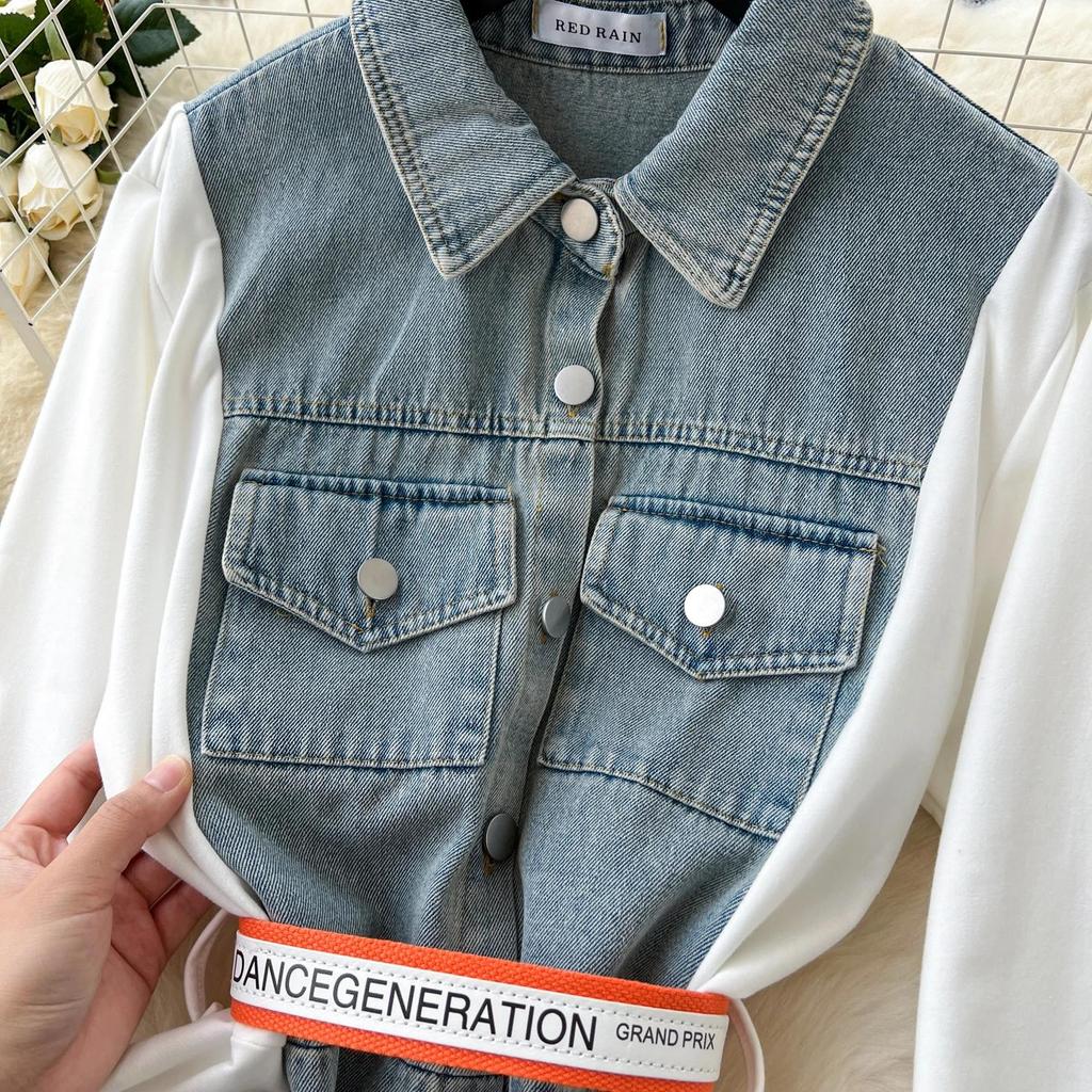 Women Denim Long Dress V-Neck Long Sleeve Patchwork Single Breasted Blouse Dresses