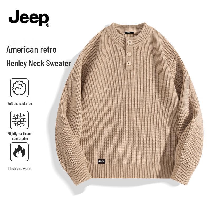 Jeep Мужской ретро-свитер в американском стиле с воротником-хенли, свободной вязки M