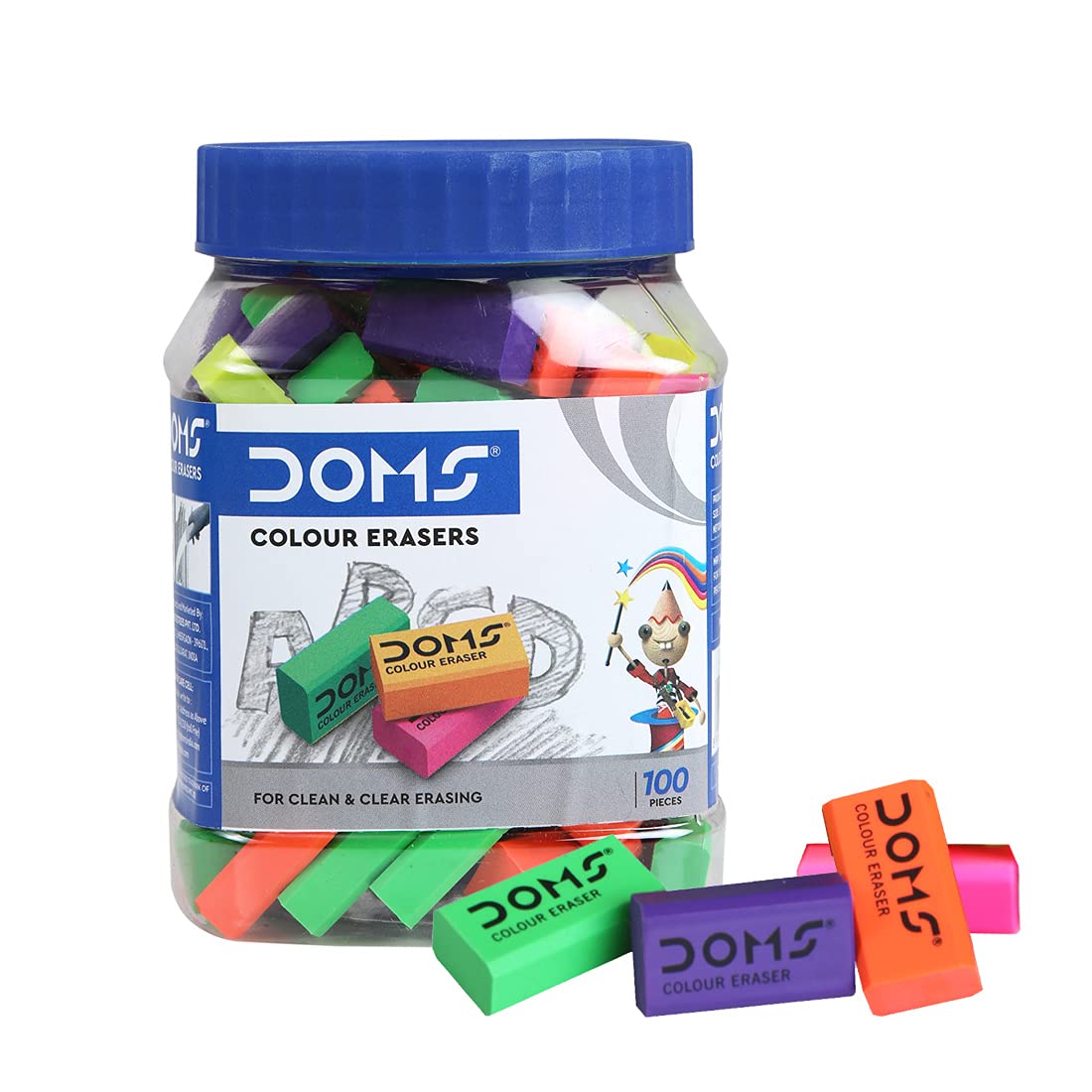 DOMS Non-Toxic Dust Free Coloured Erasers Jar Pack Set for School Art Office Use, Pack of 100 Erasers Multipurpose