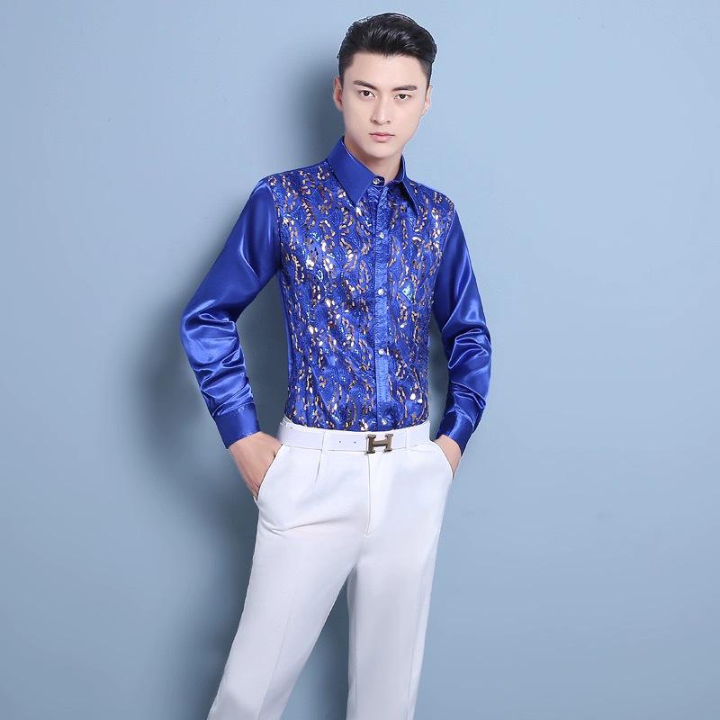 

Чоловіча великого розміру барвиста сорочка зі стразами для сценічних виступів для танців та співу M