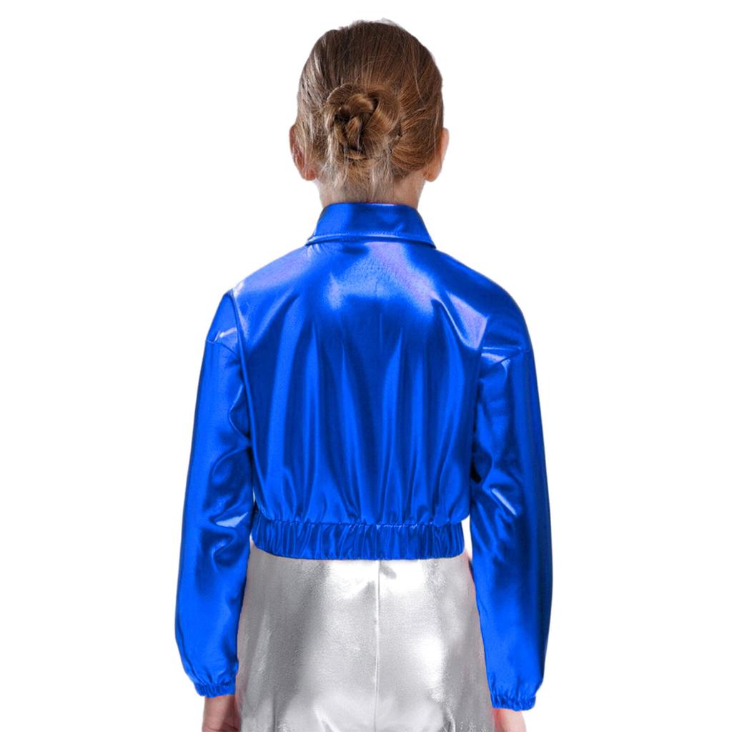 Unisex Kids Metallic Shiny Jacket Turn Down Collar Long Sleeves Flap Pockets Dance Coat