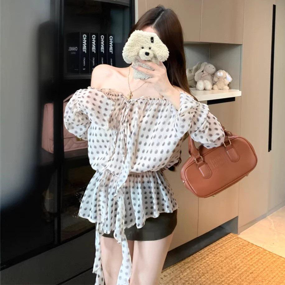 Women s French One-Shoulder Polka Dot Chiffon Long-Sleeve Lace-Up Shirt - Spring/Autumn Japanese Korean Fashion S белый