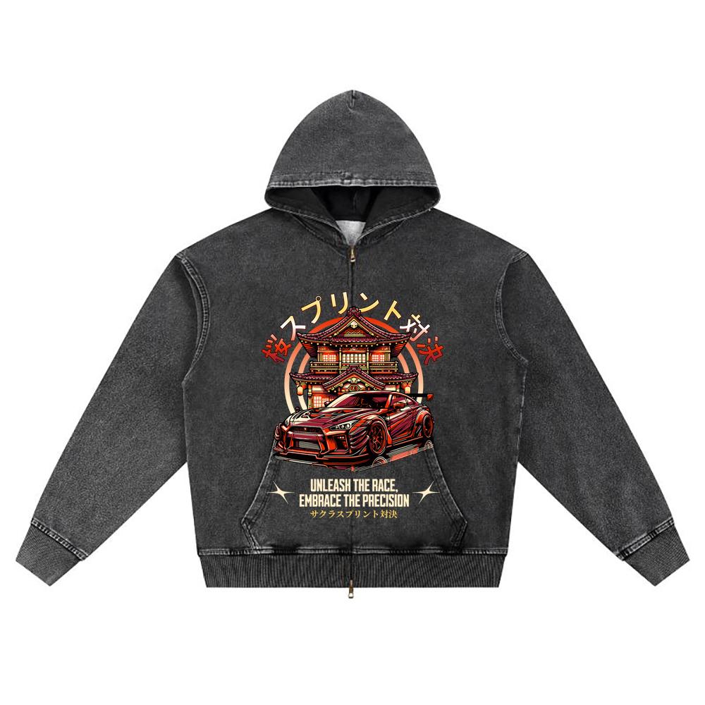 DTG print Knitted Denim Zip-Up Hoodie Precision Brother Print Zipper Hoodies  