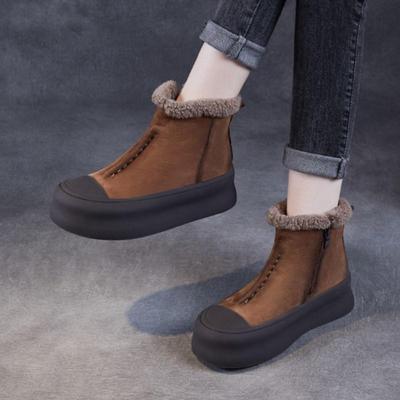 Stivali da donna retrò in peluche caldi in vera pelle con suola spessa, casual, versatili, corti