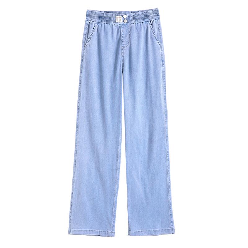 Women's Summer Tencel Wide-Leg Jeans - Lightweight, Elastic Waist, Ice Silk Drape, Loose Fit.