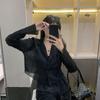 Schwarz Transparent Shirts Frauen Mesh Blusen Koreanische Mode Sommer Streetwear Langarm Plissee Strickjacke Chic