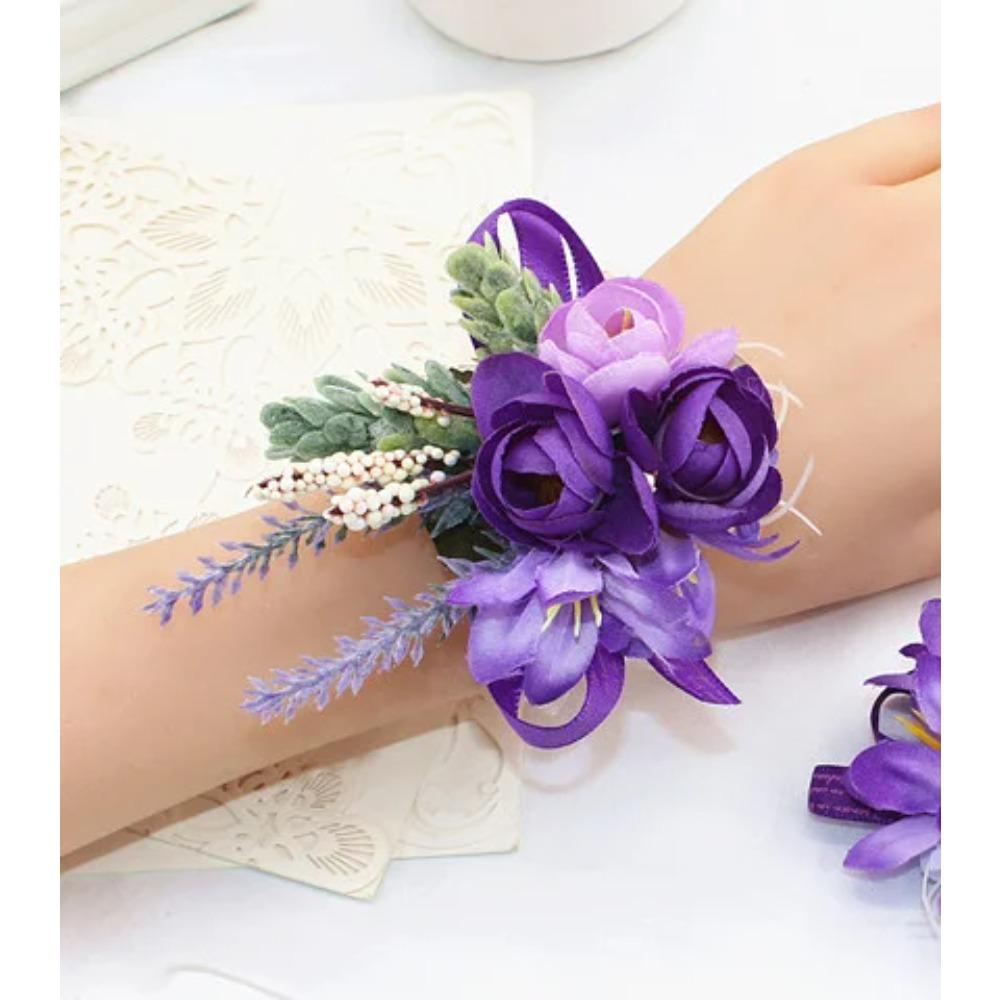 YO CHO Wedding Corsages Flower Groom Boutonniere Purple Silk Rose Man Brooches Wedding Bridesmaids Bracelet Wrist Corsage Flower