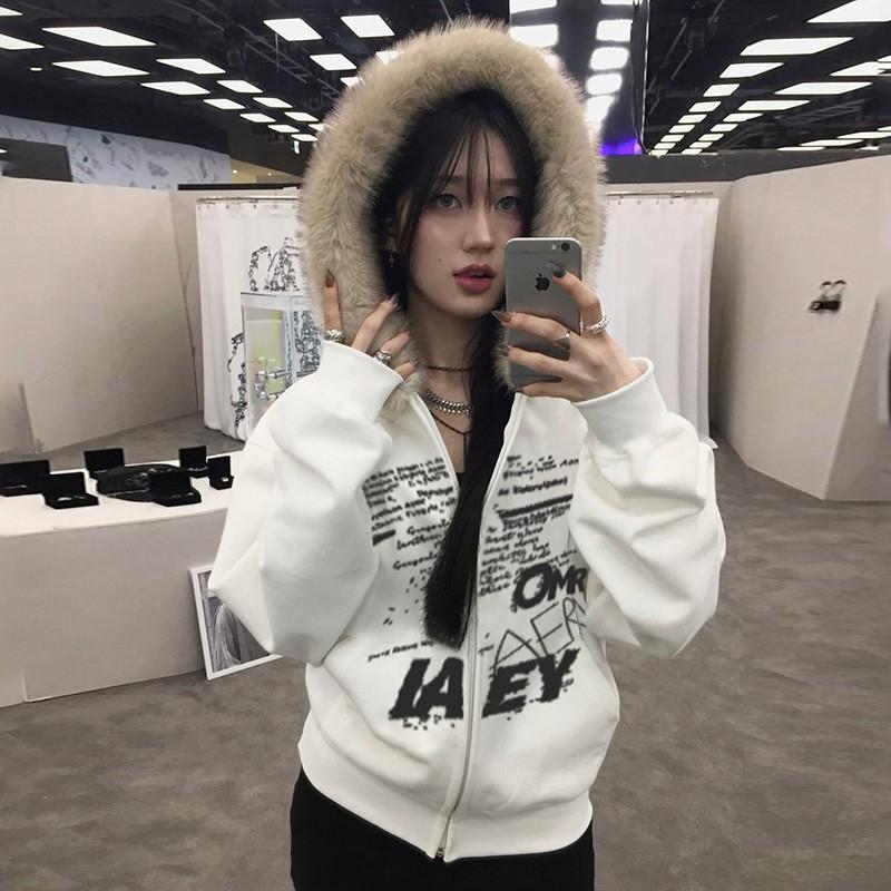Oversized Cropped Hoodie With Bold Letter Print Off-Shoulder Design Streetwear Style Women