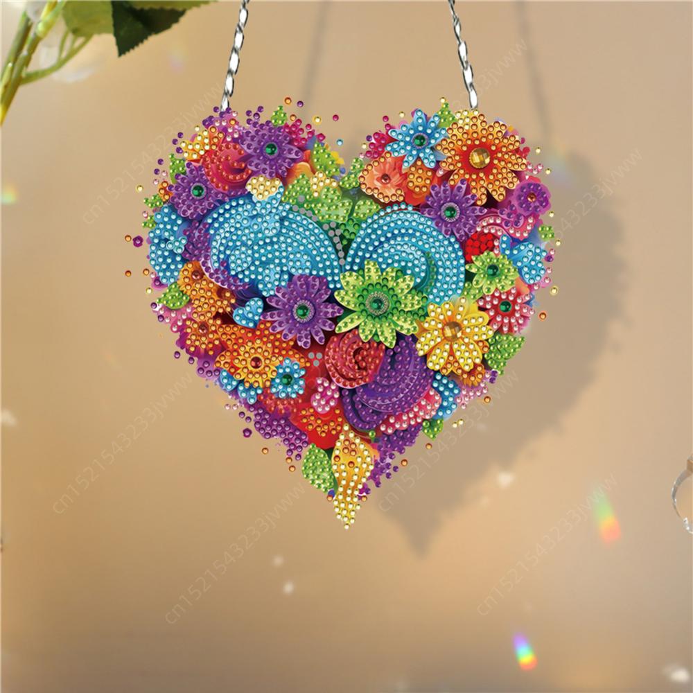 5D DIY Diamantmalerei Anhänger Herz Blume Acryl Diamantmalerei Heimdeko Rund Einseitig für Garten Fensterdeko