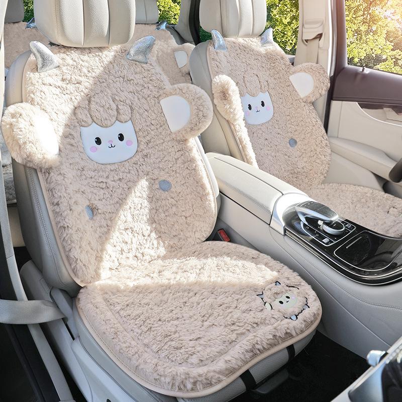 Universal Embroidered Lambswool Car Seat Cushion Set - Winter Warm 3-Piece Interior Decor.