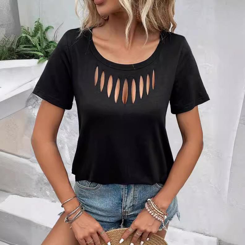 Women's Solid Color Casual and Fashionable Chest Hollow Loose Short-sleeved T-shirt