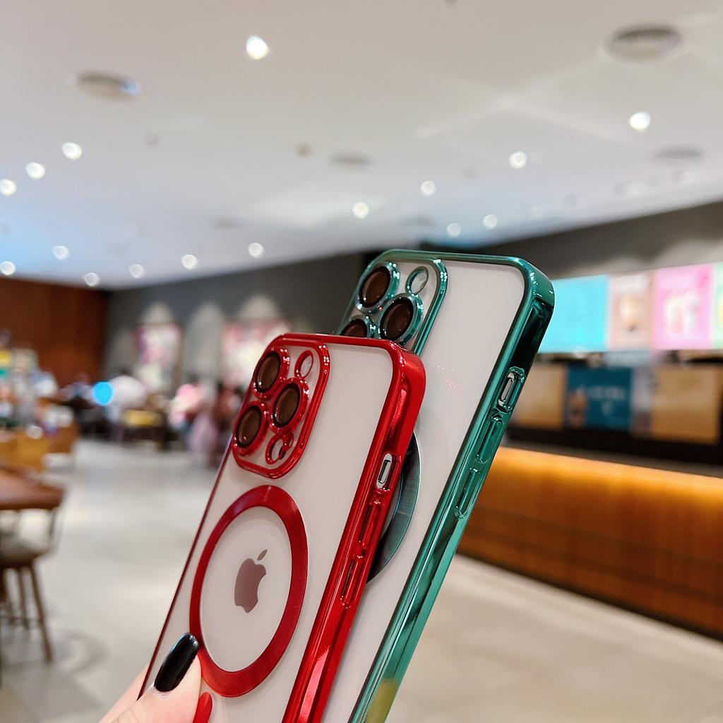 For iPhone 15 16 Pro Max Luxury Magsafe Magnetic Plating Frame Transparent Phone Case For iPhone 11 12 13 14 15 Plus Lens Cover