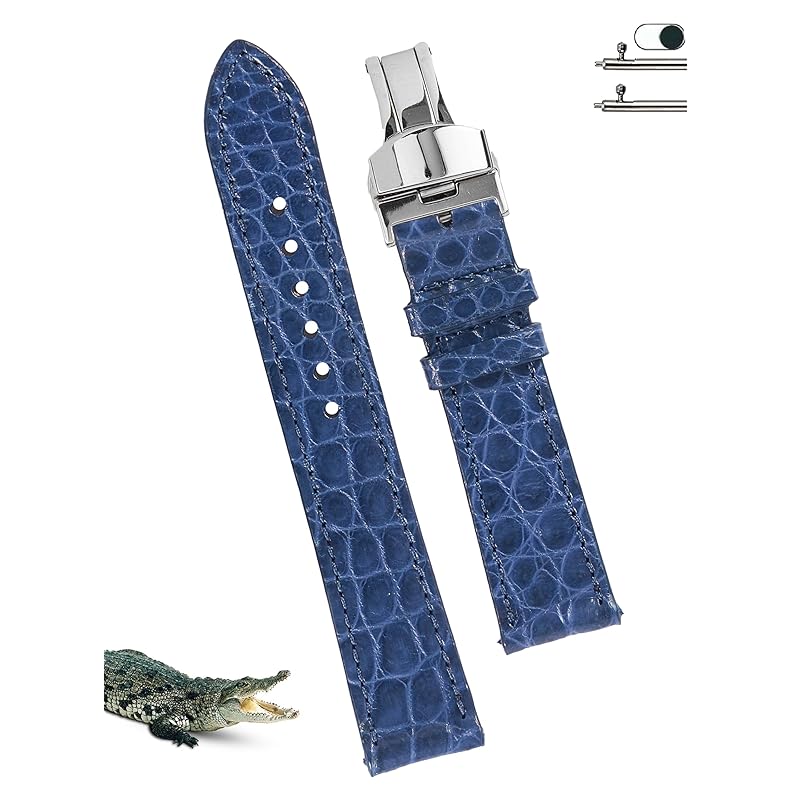 

[vinacreations] 22mm navy blue crocodile watch strap D buckle men s Full understanding crocodile replacement watch band Thin quick release spring bar