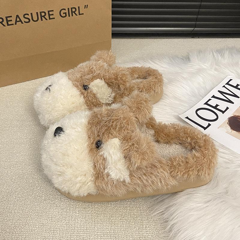 Mao Mao slippers women 2025 autumn and winter cute retro warm thick-soled half slippers cartoon color matching casual cotton slippers