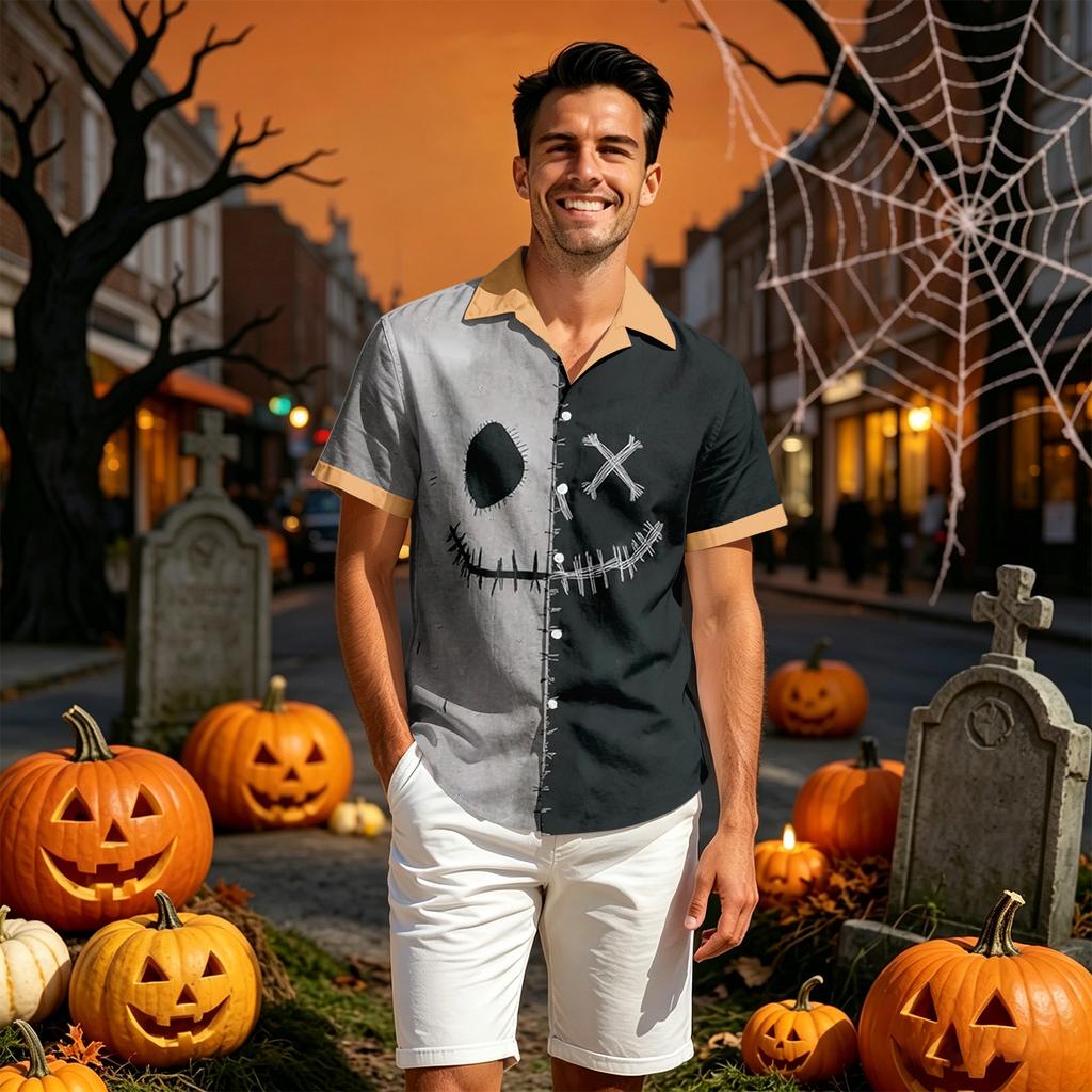 Men's Casual Short Sleeve Shirt with Halloween Print for Parties and Everyday Wear