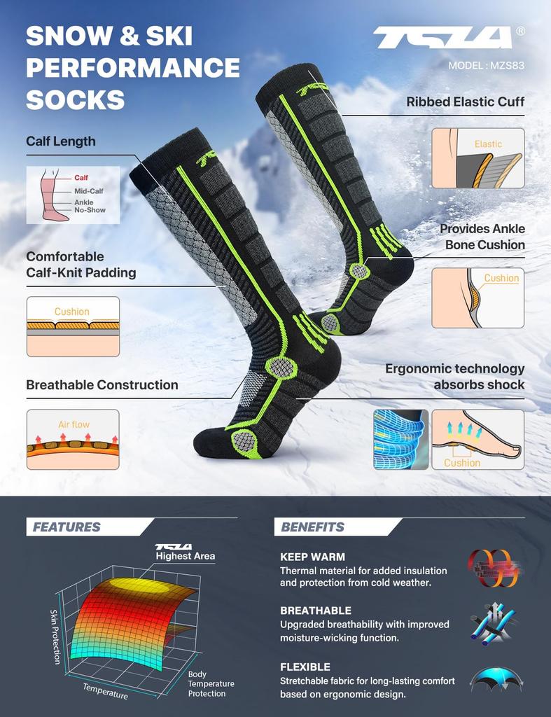 Tesla Ski- und Snowboard-Kompressionssocken Motorrad Outdoor und Socken, 2-Paar-Set, Dick, Kaltwetter, Kniehoch, Schweißableitend, Schnelltrocknend,