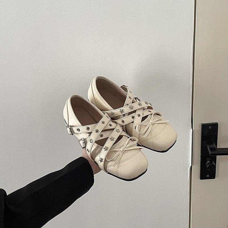 Retro bow shallow mouth single shoes 2025 summer new flat cross belt Mary Jane shoes women's rivet ballet shoes