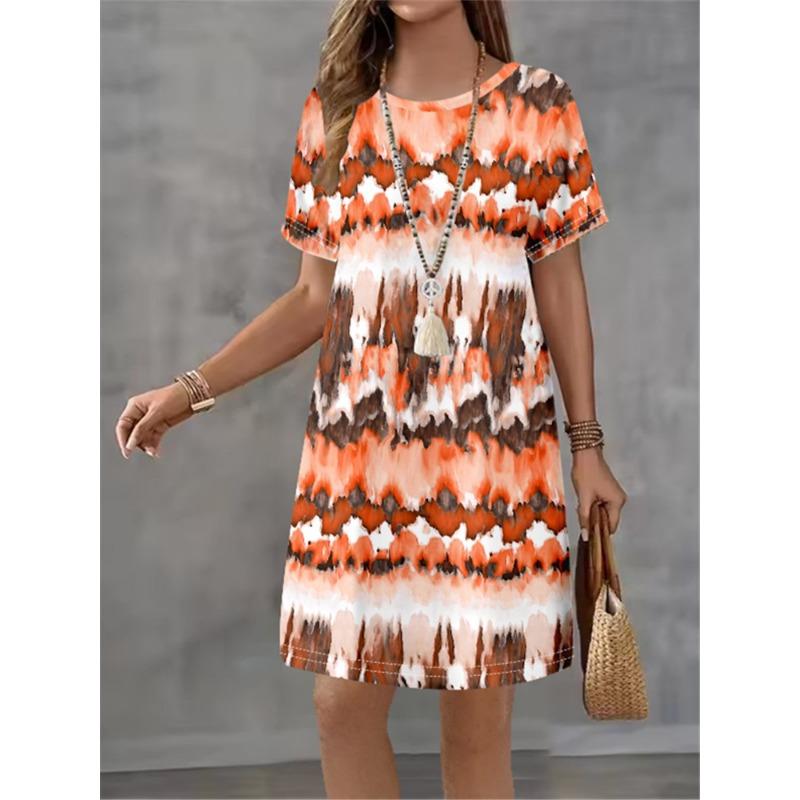 Ladies' Summer Striped Gradient Printed Short Sleeve Round Neck Dress Fashion Design Elegant Temperament Women Mini Casual Dress
