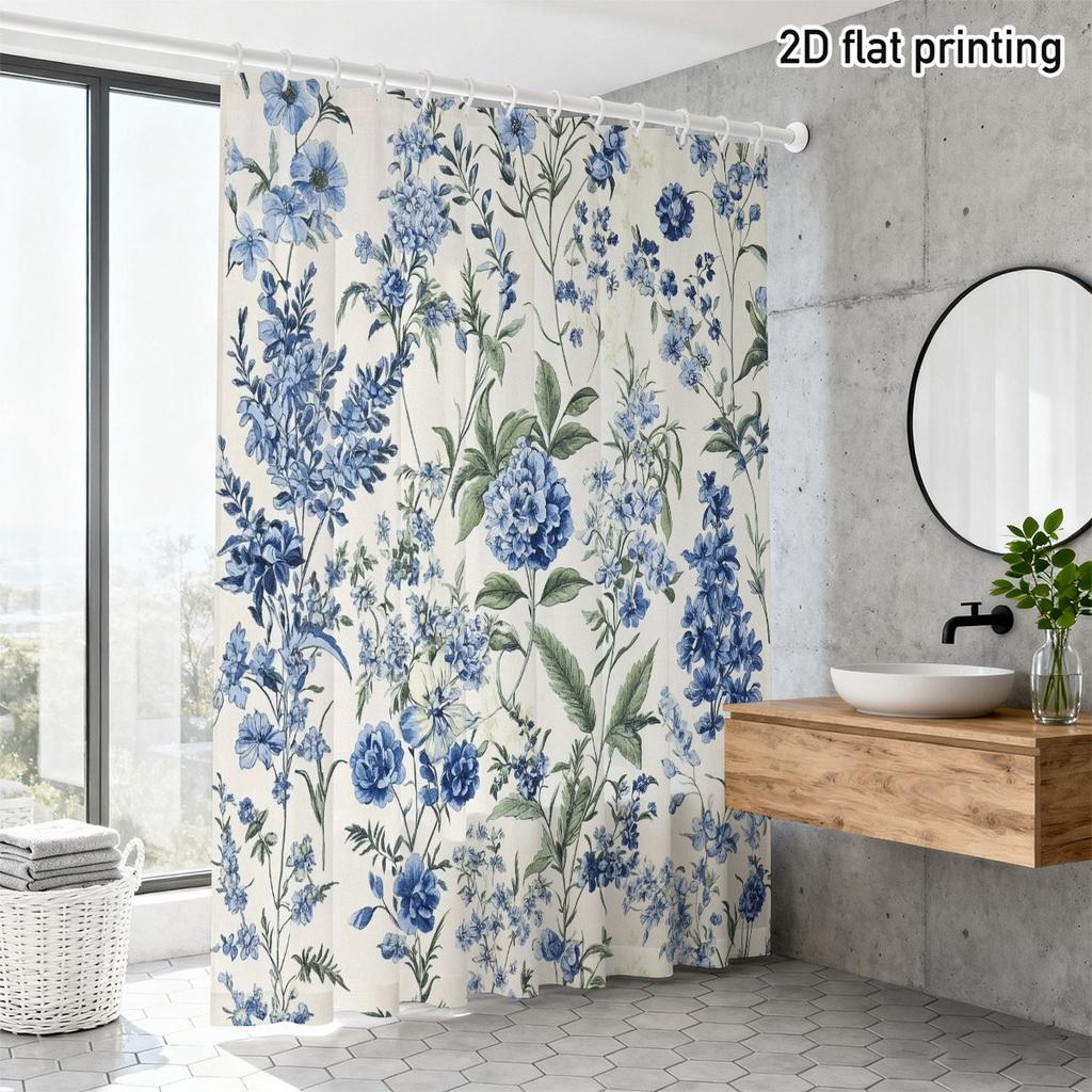 Modrý květinový vzor Sprchový závěs Voděodolný Snadno čistitelný Ochrana soukromí Tisk Vintage botanický design Elegantní 12 háčků