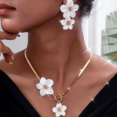 3pcs/set Elegant Flower Pendant Necklace and Earrings Jewelry Sets for Women Necklace Earring Suitable for Holiday Wedding Gift