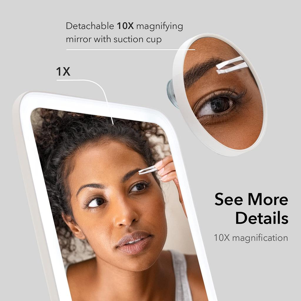 Fancii Portable LED Makeup Mirror with 3 Adjustable Light 1 Large and Removable 10x Magnifying Glass Cordless Travel Light Rotating Kickstand Aurago