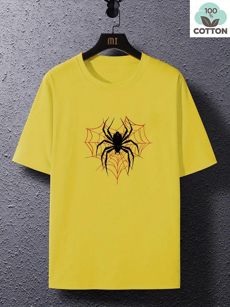 Mens Cotton TShirt Red Spider Web with Black Spider Print Casual Crew Neck Short Sleeve Summer TShirt