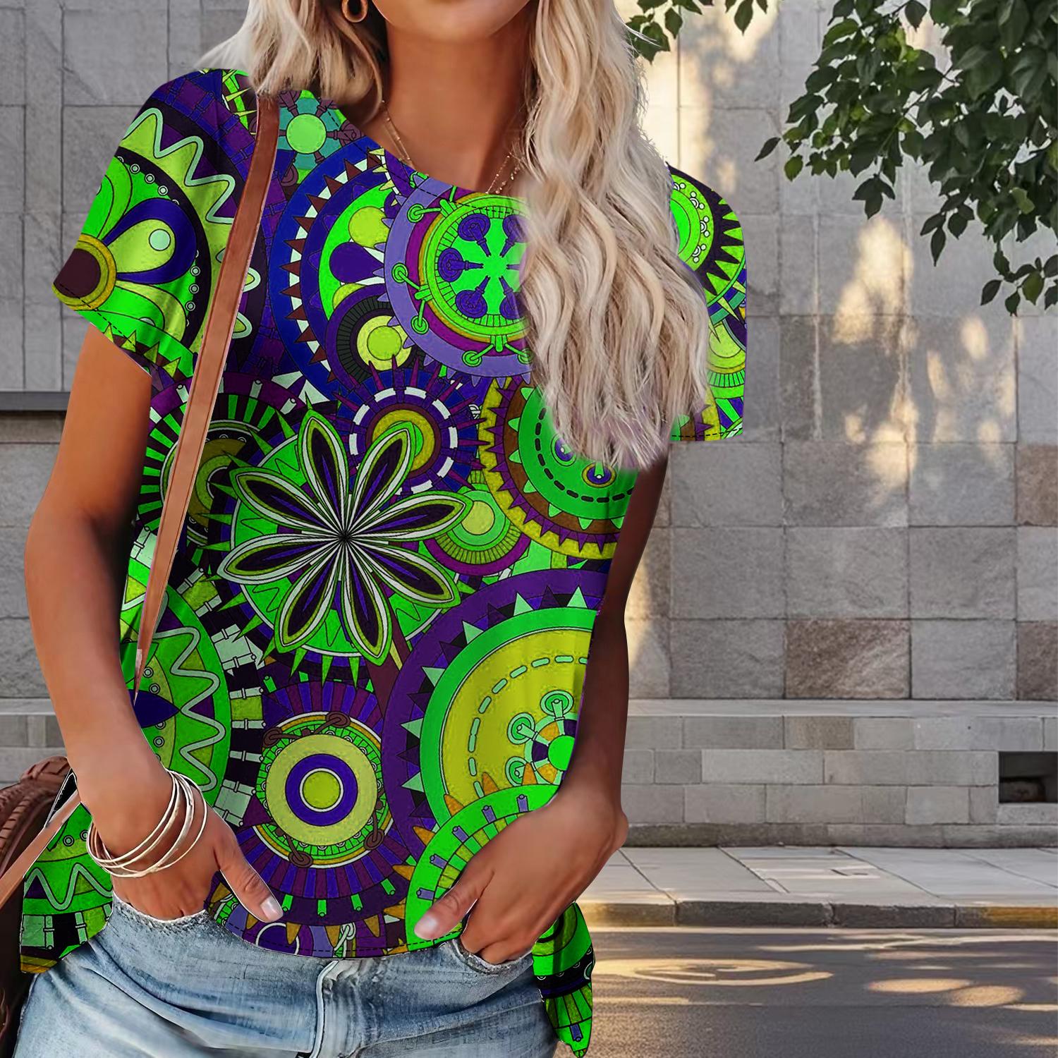 

Женская летняя футболка с ретро-принтом, модные футболки с коротким рукавом, повседневные топы с принтом 4XL зелёный