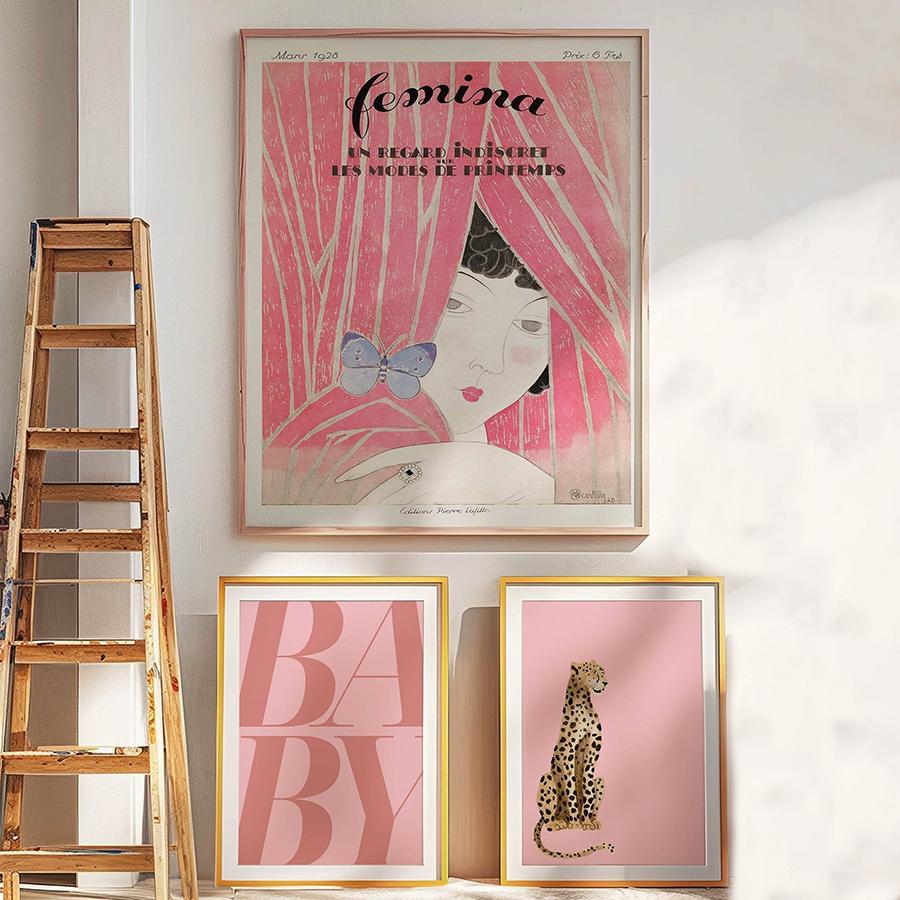 Large French Pink Coquette Wall Arts, Leopard, Femina, BABY Word Prints Posters, Minimalism Fashion Canvas Painting, NO Frame